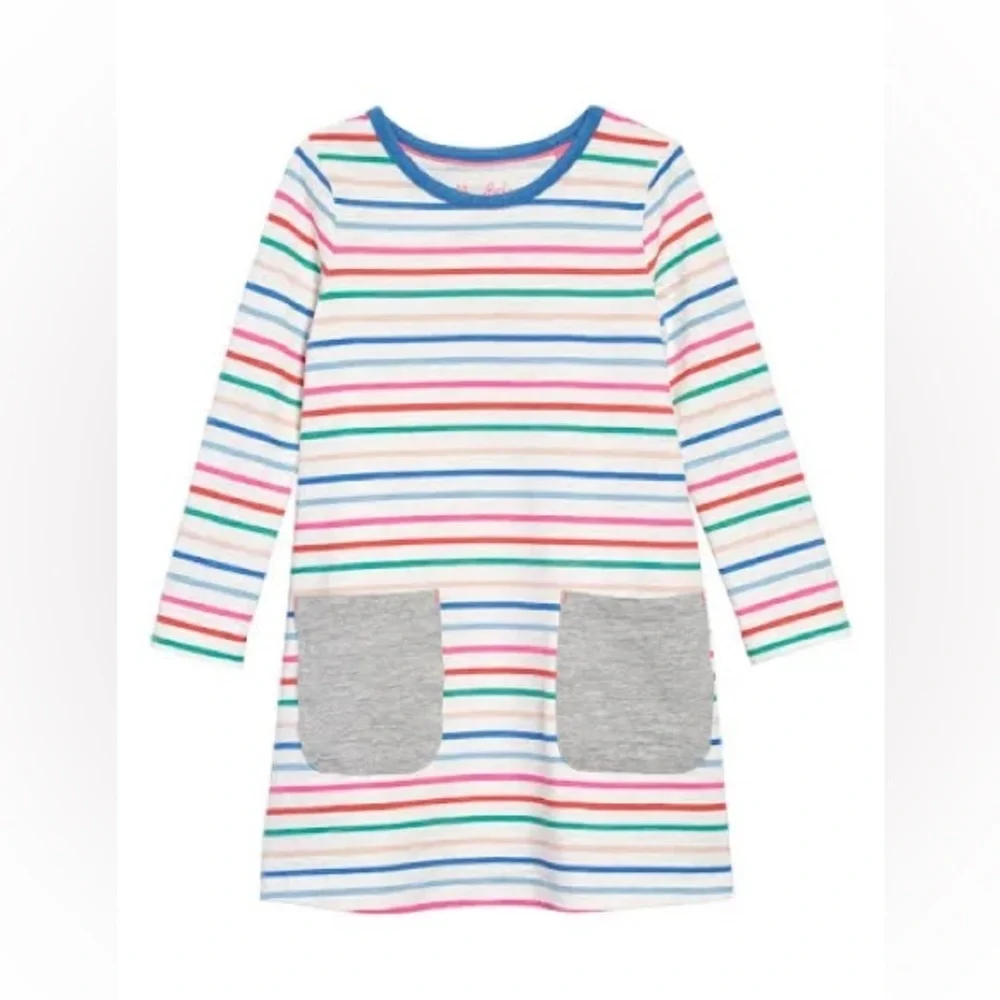 Mini Boden T-Shirt Dress Girls 6-7 Striped Rainbow Pockets Long Sleeve